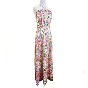 Gorgeous Fully Embroidered Maxi Halter Gown Sz 15 Pastel Florals over Net